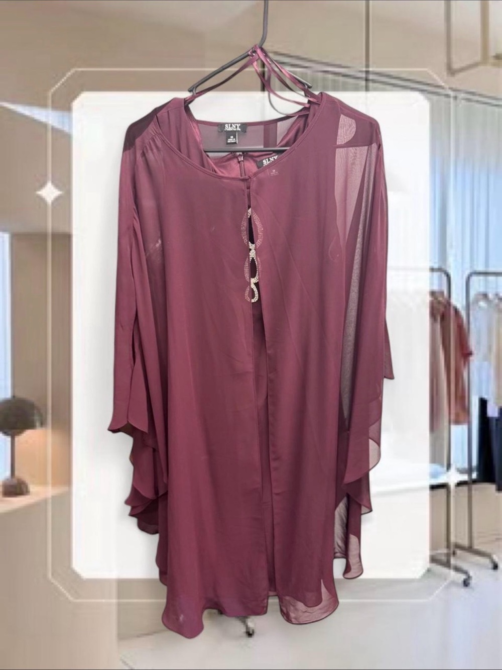 SLNY Wine Chiffon Overlay Tunic with Embellished Front